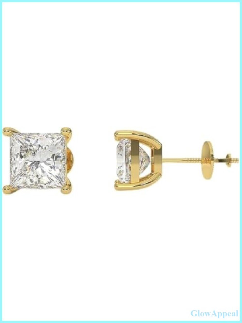 1 Ct Princess Cut Lab Grown Diamond Stud Earrings 14k Yellow Gold Screw Back